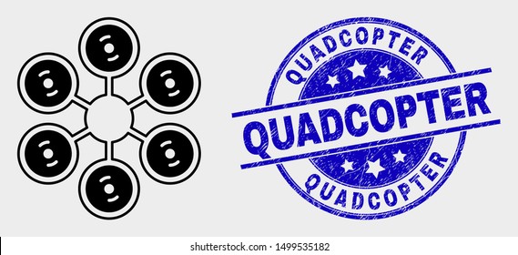 Vector hexacopter icon and Quadcopter seal stamp. Red round grunge seal with Quadcopter caption. Vector combination in flat style. Black isolated hexacopter icon.