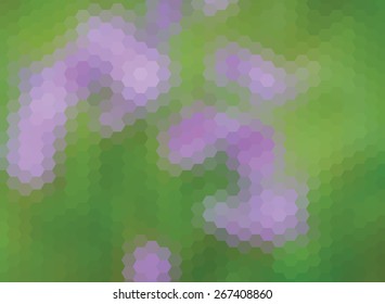 Vector hexagon background. Purple flowers on green grass.