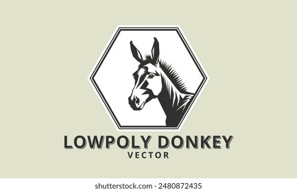 Vector hexagon black and white simple logo. Inscription, low poly donkey. Sticker, emblem or icon. Zoo badge. Sweet burro.