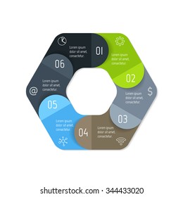 Vector hexagon connected infographic diagram. Circular chart with 6 options. Paper progress steps for tutorial with six parts. Business concept sequence banner. EPS10 polygonal workflow layout.