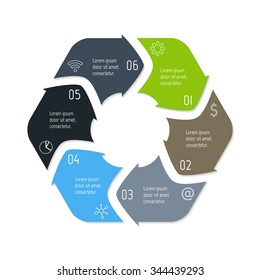 Vector hexagon connected infographic diagram. Circular chart with 6 options. Paper progress steps for tutorial with six parts. Business concept sequence banner. EPS10 polygonal workflow layout.
