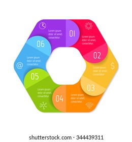 Vector hexagon connected infographic diagram. Circular chart with 6 options. Paper progress steps for tutorial with six parts. Business concept sequence banner. EPS10 polygonal workflow layout.