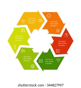 Vector hexagon connected infographic diagram. Circular chart with 6 options. Paper progress steps for tutorial with six parts. Business concept sequence banner. EPS10 polygonal workflow layout.