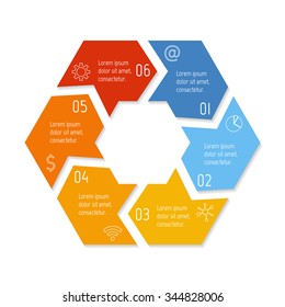 Vector hexagon connected infographic diagram. Circular chart with 6 options. Paper progress steps for tutorial with six parts. Business concept sequence banner. EPS10 polygonal workflow layout.