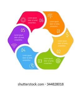 Vector hexagon connected infographic diagram. Circular chart with 6 options. Paper progress steps for tutorial with six parts. Business concept sequence banner. EPS10 polygonal workflow layout.