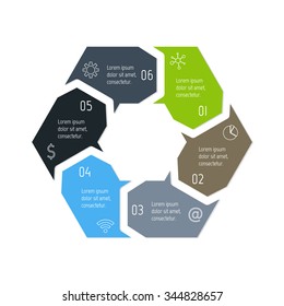 Vector hexagon connected infographic diagram. Circular chart with 6 options. Paper progress steps for tutorial with six parts. Business concept sequence banner. EPS10 polygonal workflow layout.