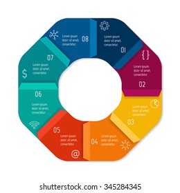 Vector hexagon connected infographic diagram. Circular chart with 8 options. Paper progress steps for tutorial with eight parts. Business concept sequence banner. EPS10 polygonal workflow layout.