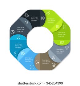 Vector hexagon connected infographic diagram. Circular chart with 8 options. Paper progress steps for tutorial with eight parts. Business concept sequence banner. EPS10 polygonal workflow layout.