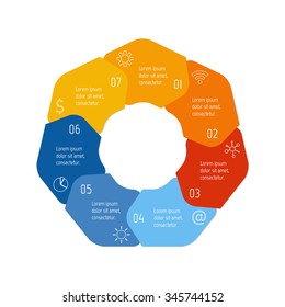 Vector hexagon connected infographic diagram. Circular chart with 7 options. Paper progress steps for tutorial with seven parts. Business concept sequence banner. EPS10 polygonal workflow layout.
