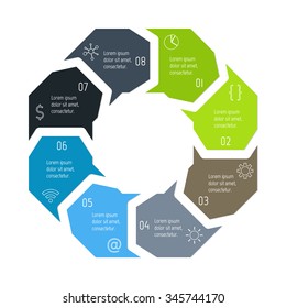 Vector hexagon connected infographic diagram. Circular chart with 8 options. Paper progress steps for tutorial with eight parts. Business concept sequence banner. EPS10 polygonal workflow layout.