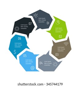 Vector hexagon connected infographic diagram. Circular chart with 7 options. Paper progress steps for tutorial with seven parts. Business concept sequence banner. EPS10 polygonal workflow layout.
