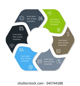 Vector hexagon connected infographic diagram. Circular chart with 6 options. Paper progress steps for tutorial with six parts. Business concept sequence banner. EPS10 polygonal workflow layout.