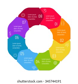 Vector hexagon connected infographic diagram. Circular chart with 8 options. Paper progress steps for tutorial with eight parts. Business concept sequence banner. EPS10 polygonal workflow layout.