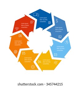 Vector hexagon connected infographic diagram. Circular chart with 7 options. Paper progress steps for tutorial with seven parts. Business concept sequence banner. EPS10 polygonal workflow layout.