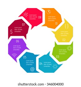 Vector hexagon connected infographic diagram. Circular chart with 8 options. Paper progress steps for tutorial with eight parts. Business concept sequence banner. EPS10 polygonal workflow layout.