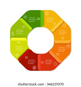 Vector hexagon connected infographic diagram. Circular chart with 8 options. Paper progress steps for tutorial with eight parts. Business concept sequence banner. EPS10 polygonal workflow layout.