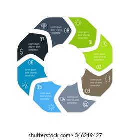 Vector hexagon connected infographic diagram. Circular chart with 8 options. Paper progress steps for tutorial with eight parts. Business concept sequence banner. EPS10 polygonal workflow layout.