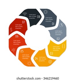 Vector hexagon connected infographic diagram. Circular chart with 8 options. Paper progress steps for tutorial with eight parts. Business concept sequence banner. EPS10 polygonal workflow layout.