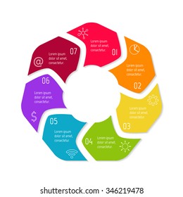 Vector hexagon connected infographic diagram. Circular chart with 7 options. Paper progress steps for tutorial with seven parts. Business concept sequence banner. EPS10 polygonal workflow layout.