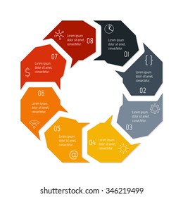 Vector hexagon connected infographic diagram. Circular chart with 8 options. Paper progress steps for tutorial with eight parts. Business concept sequence banner. EPS10 polygonal workflow layout.