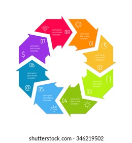 Vector hexagon connected infographic diagram. Circular chart with 8 options. Paper progress steps for tutorial with eight parts. Business concept sequence banner. EPS10 polygonal workflow layout.