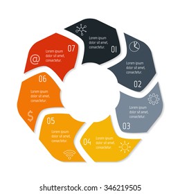 Vector hexagon connected infographic diagram. Circular chart with 7 options. Paper progress steps for tutorial with seven parts. Business concept sequence banner. EPS10 polygonal workflow layout.