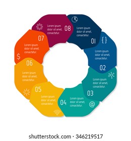 Vector hexagon connected infographic diagram. Circular chart with 8 options. Paper progress steps for tutorial with eight parts. Business concept sequence banner. EPS10 polygonal workflow layout.