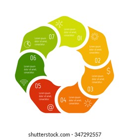 Vector hexagon connected infographic diagram. Circular chart with 7 options. Paper progress steps for tutorial with seven parts. Business concept sequence banner. EPS10 polygonal workflow layout.