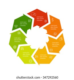 Vector hexagon connected infographic diagram. Circular chart with 7 options. Paper progress steps for tutorial with seven parts. Business concept sequence banner. EPS10 polygonal workflow layout.