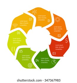 Vector hexagon connected infographic diagram. Circular chart with 7 options. Paper progress steps for tutorial with seven parts. Business concept sequence banner. EPS10 polygonal workflow layout.