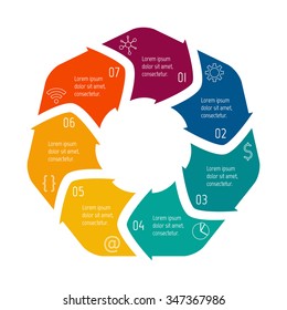 Vector hexagon connected infographic diagram. Circular chart with 7 options. Paper progress steps for tutorial with seven parts. Business concept sequence banner. EPS10 polygonal workflow layout.