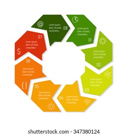 Vector hexagon connected infographic diagram. Circular chart with 8 options. Paper progress steps for tutorial with eight parts. Business concept sequence banner. EPS10 polygonal workflow layout.