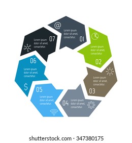 Vector hexagon connected infographic diagram. Circular chart with 7 options. Paper progress steps for tutorial with seven parts. Business concept sequence banner. EPS10 polygonal workflow layout.