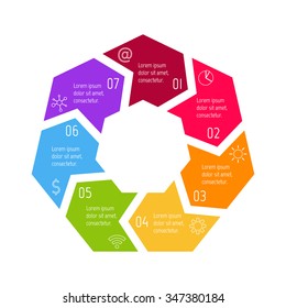 Vector hexagon connected infographic diagram. Circular chart with 7 options. Paper progress steps for tutorial with seven parts. Business concept sequence banner. EPS10 polygonal workflow layout.