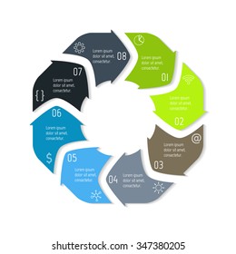 Vector hexagon connected infographic diagram. Circular chart with 8 options. Paper progress steps for tutorial with eight parts. Business concept sequence banner. EPS10 polygonal workflow layout.