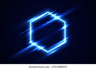 Vector hexagón marco luz de neón azul sobre el diseño de solapamiento azul oscuro sobre el fondo de la pared de ladrillo.
