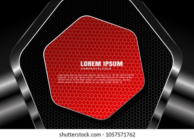 Vector hexagon gradient dark gray mesh background with red hexagon shape in center and metal frames with radiance for business.