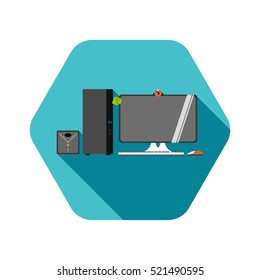 Vector hexagon icon of desktop computer with monitor, webcam, keyboard, mouse, UPS on the turquoise background with shadow.