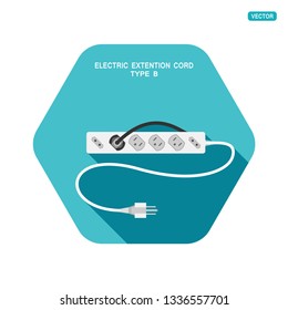 Vector hexagon icon of modern electric extension cord type B with different sockets on the turquoise background with shadow.