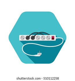 Vector hexagon icon of modern electric extension cord with shadow on the turquoise background.