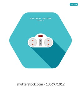 Vector hexagon icon of modern electrical splitter type F with red switch, three different socket and shadow on the turquoise background.