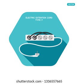 Vector hexagon icon of modern five socket electric extension cord type F with two plug connected and shadow on the turquoise background.