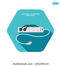 Vector hexagon icon of modern five socket electrical extension cord type F with red switch, four usb ports, two plug connected and shadow on the turquoise background.