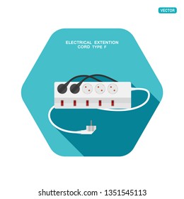 Vector hexagon icon of modern five socket electrical extension cord type F with five switches, two plug connected on the turquoise background with shadow.