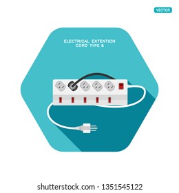 Vector hexagon icon of modern five socket electrical extension cord type B with six switches, one plug connected on the turquoise background with shadow.