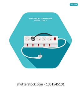 Vector hexagon icon of modern five socket electrical extension cord type F with six switches, one plug connected on the turquoise background with shadow.