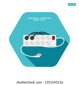 Vector hexagon icon of modern ten socket electrical extension cord type F with red switch, two plug connected and shadow on the turquoise background.