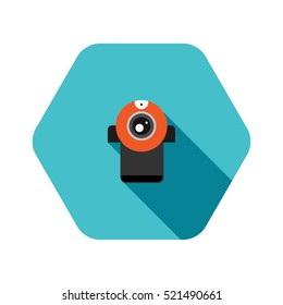 Vector hexagon icon of red webcamera on the turquoise background with shadow.