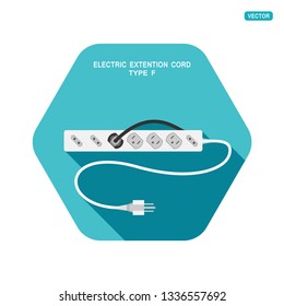 Vector hexagon icon with shadow of modern electric extension cord type B with different sockets on the turquoise background.