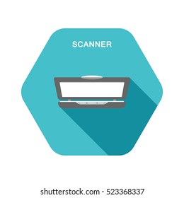 Vector hexagon icon of table scanner on the turquoise background with shadow.